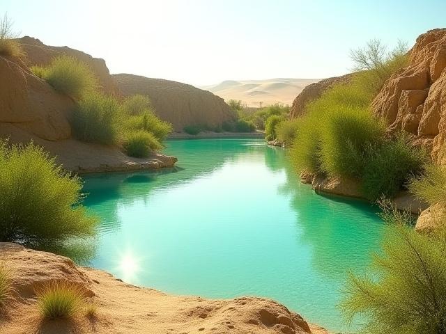 A serene desert oasis with clear water and green plants, symbolizing renewal and life.
