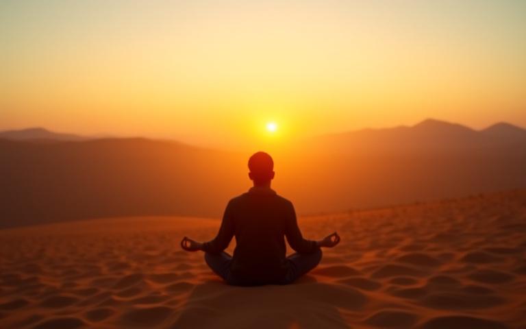 Person meditating at sunrise in a serene desert landscape