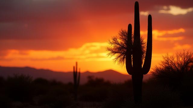 A resilient desert plant thriving in arid conditions at sunset, symbolizing inner strength