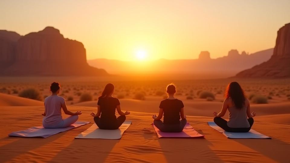 A serene group practicing outdoor yoga at sunset in a vast, peaceful desert landscape with warm natural light, representing a desert-inspired mindfulness retreat.